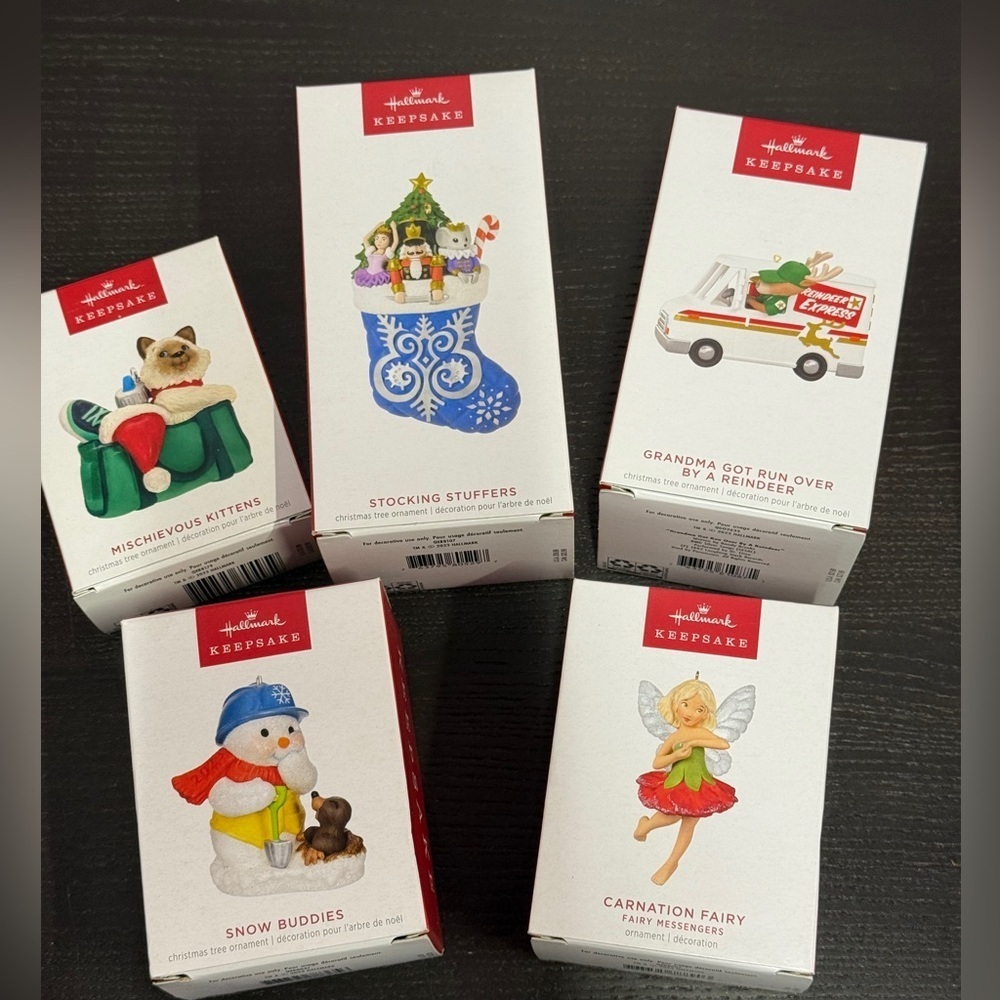 5 2023 BRAND NEW Hallmark Keepsake Christmas Ornaments Stocking, Cat, Snowman
